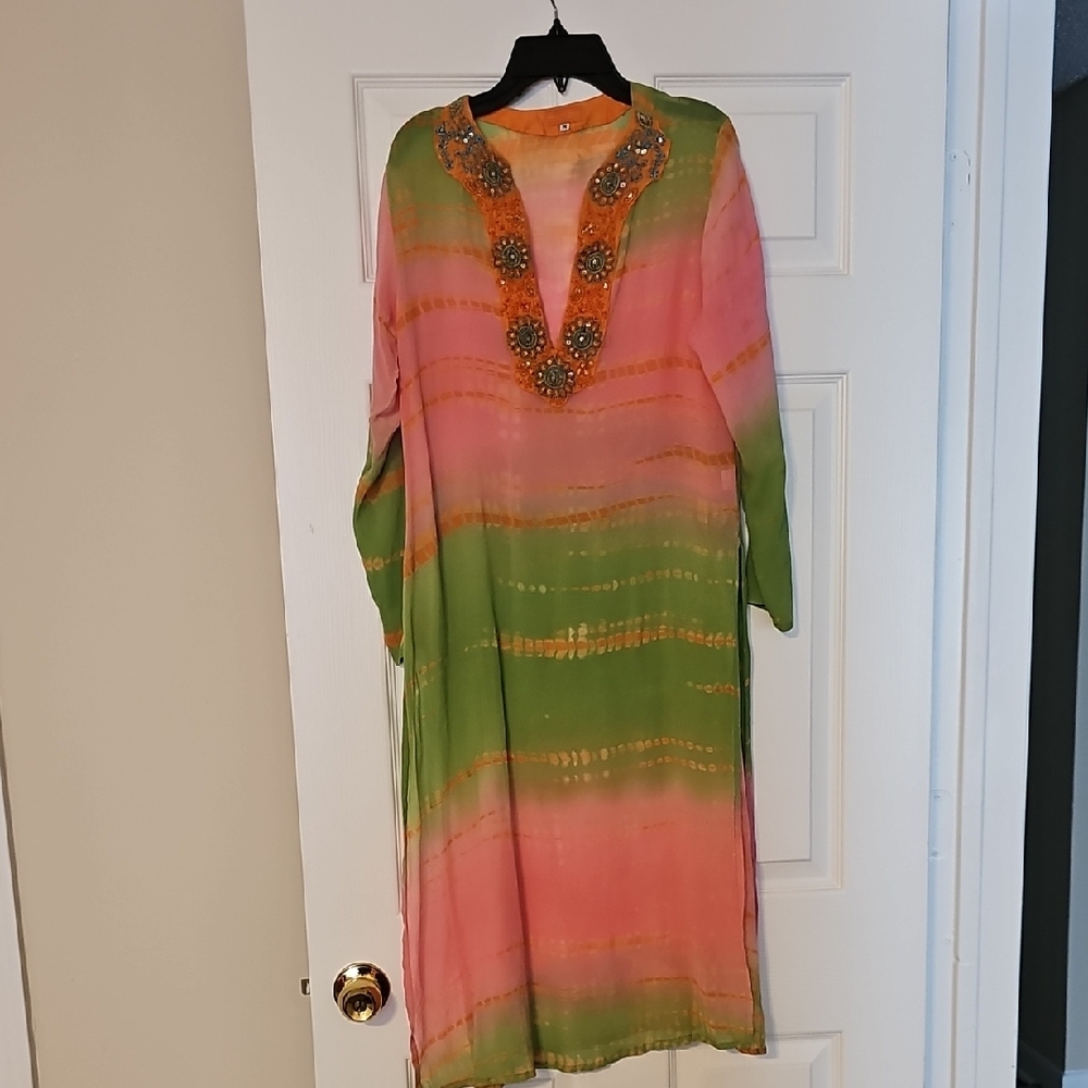 Elegant Pink and Green Beaded Swim Coverup